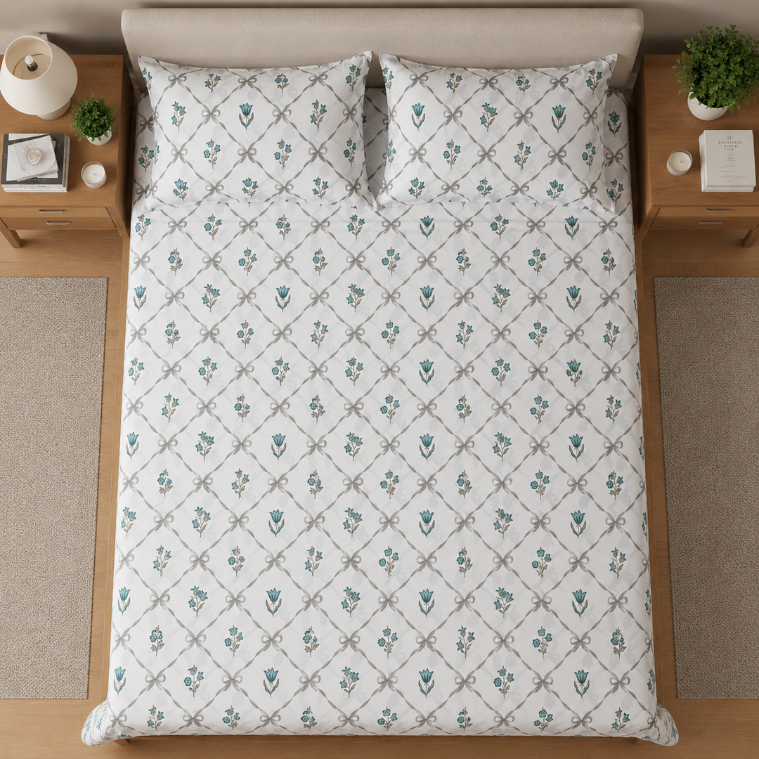Phoolwari 100% Pure Cotton King Size Bedsheet, 300 TC (108" x 108", Green)