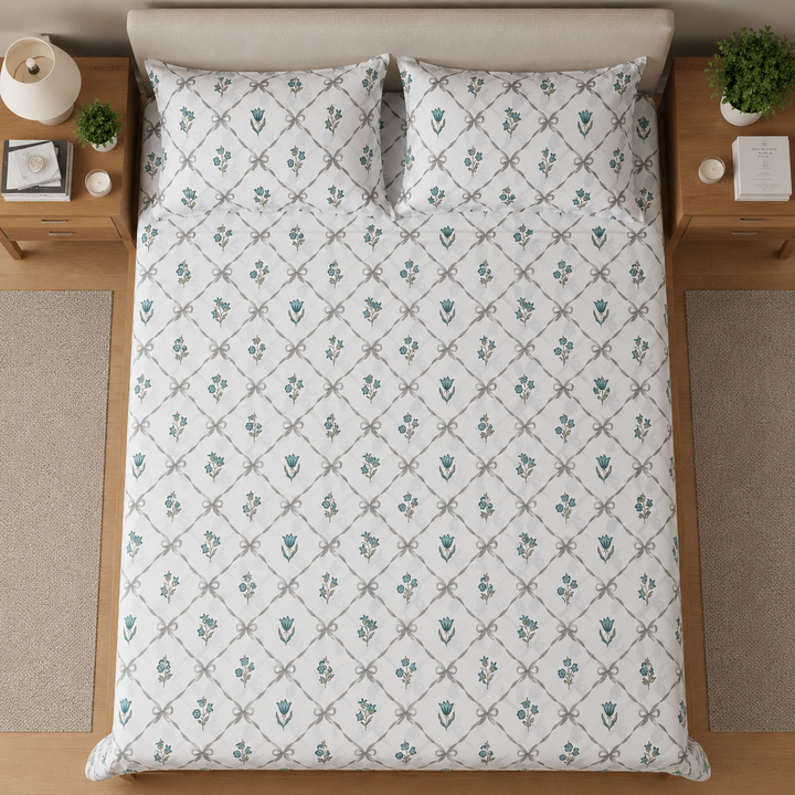 Phoolwari 100% Pure Cotton King Size Bedsheet, 300 TC (108" x 108", Green)