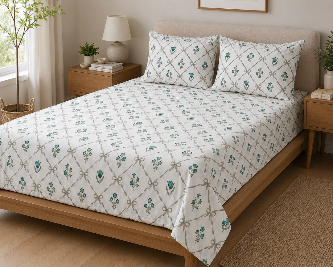Phoolwari 100% Pure Cotton King Size Bedsheet, 300 TC (108" x 108", Green)
