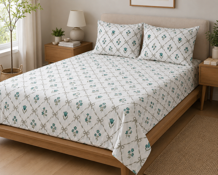 Phoolwari 100% Pure Cotton King Size Bedsheet, 300 TC (108" x 108", Green)
