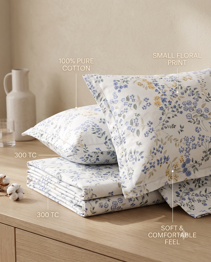 Guldasta 100% Cotton King Size Bedsheet, 300 TC (108" x 108" White & Blue)