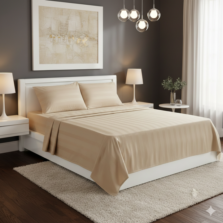Self-Stripe Jacquard Pure Cotton King Size Bedsheet- 250 TC Khaki