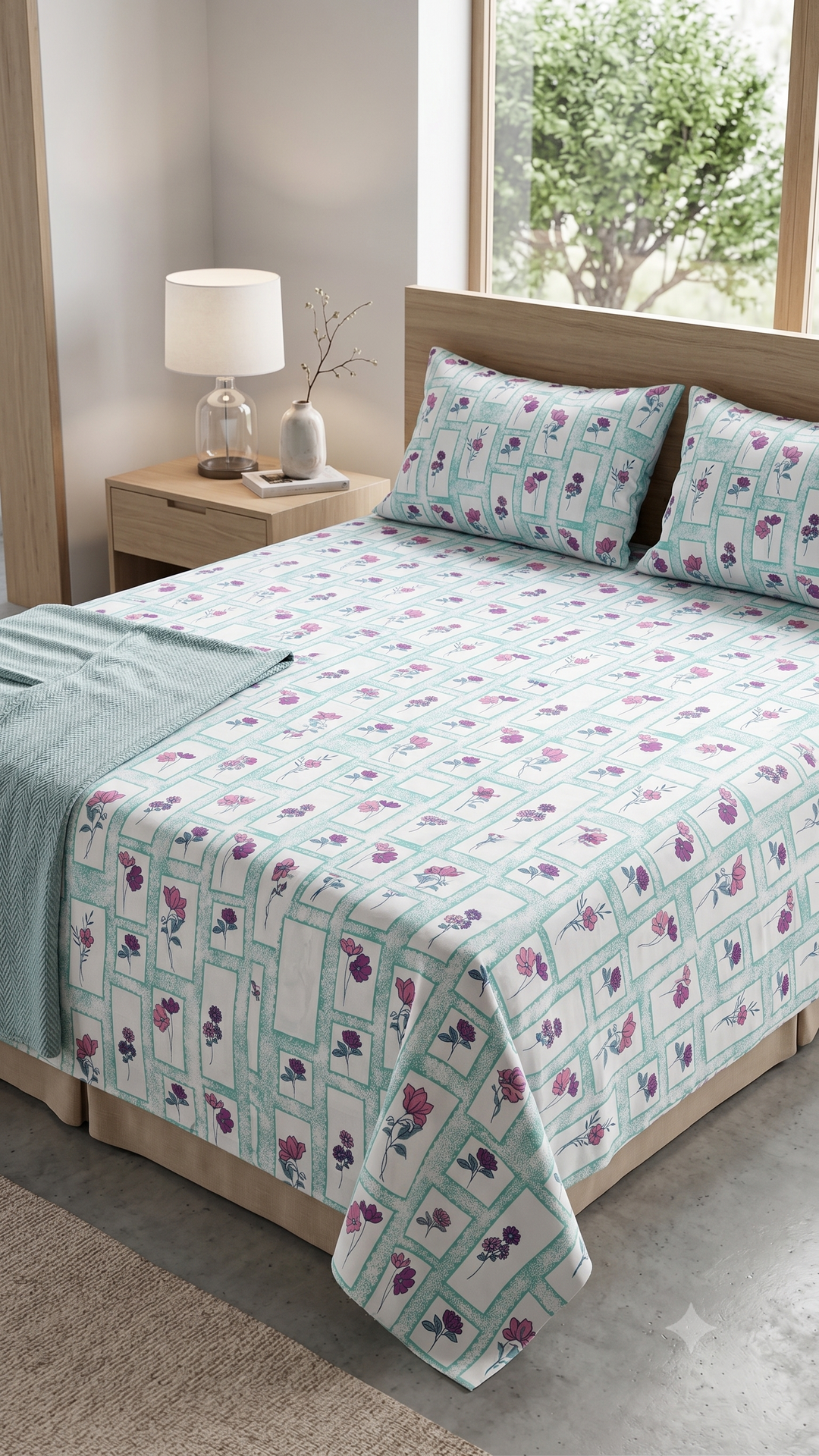 Phoolwari 100% Cotton King Size Bedsheet, 300 TC (108" x 108", Sage Green )