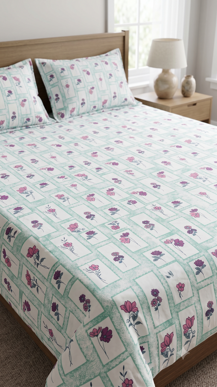 Phoolwari 100% Cotton King Size Bedsheet, 300 TC (108" x 108", Sage Green )