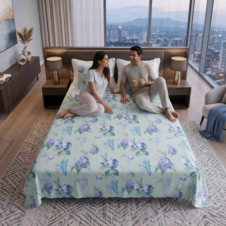 Anokhi Floral Cotton King Size Bedsheet Set with Cotton Lace Pillow Covers, 250 TC Blue and Green