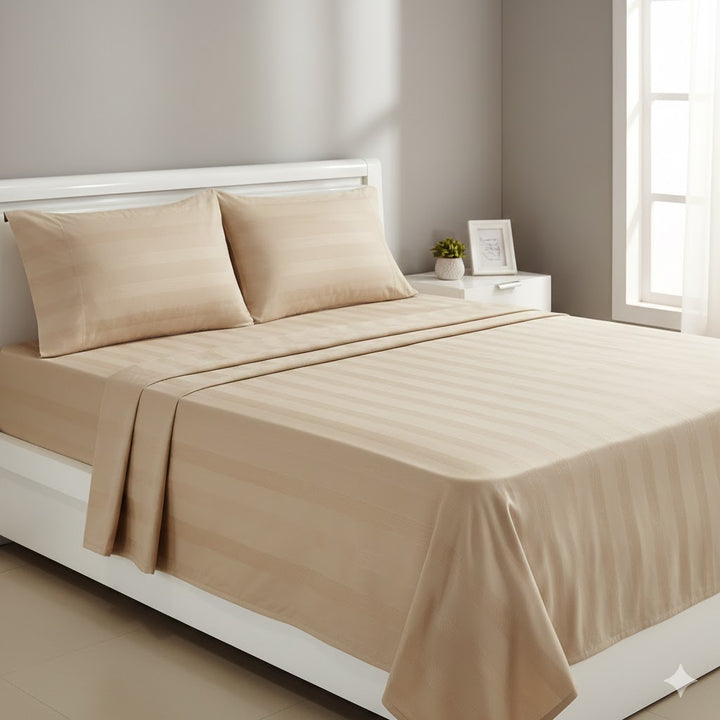 Self-Stripe Jacquard Pure Cotton King Size Bedsheet- 250 TC Khaki