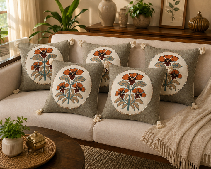 Luxury Jute Cotton Floral Printed Cushion Covers with Handcrafted Corner Tassels - Set of 5