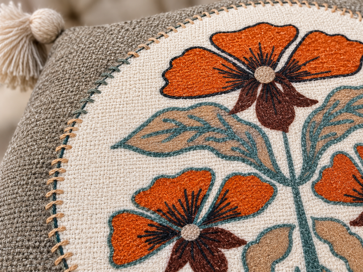 Luxury Jute Cotton Floral Printed Cushion Covers with Handcrafted Corner Tassels - Set of 5