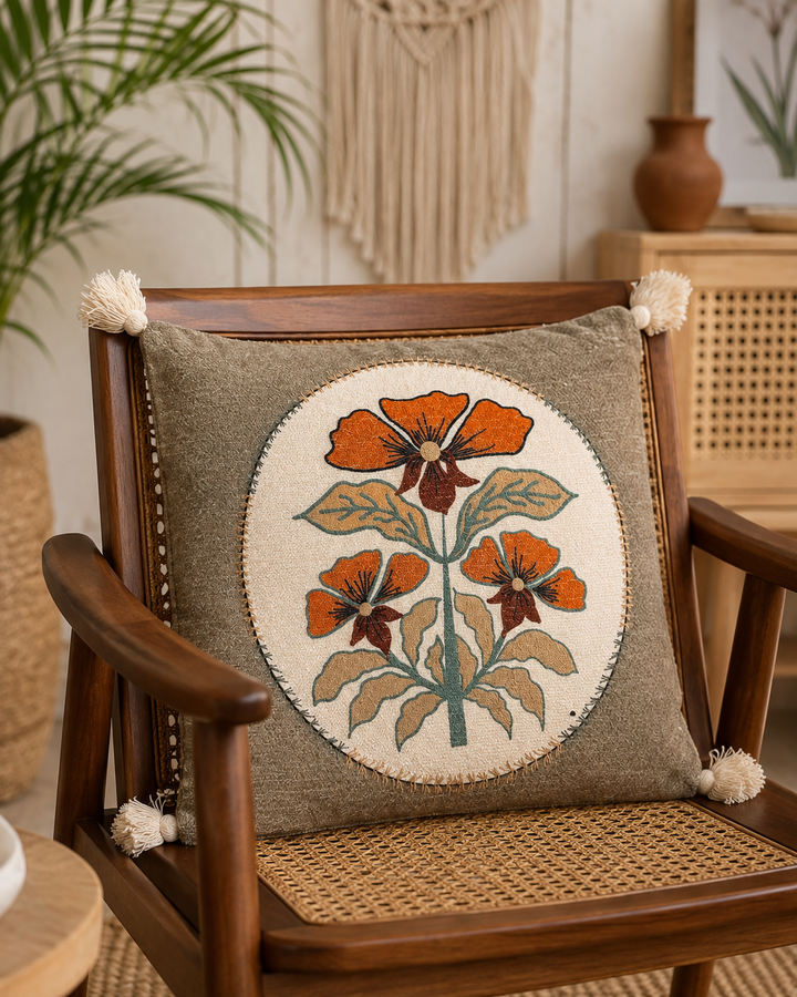Luxury Jute Cotton Floral Printed Cushion Covers with Handcrafted Corner Tassels - Set of 5