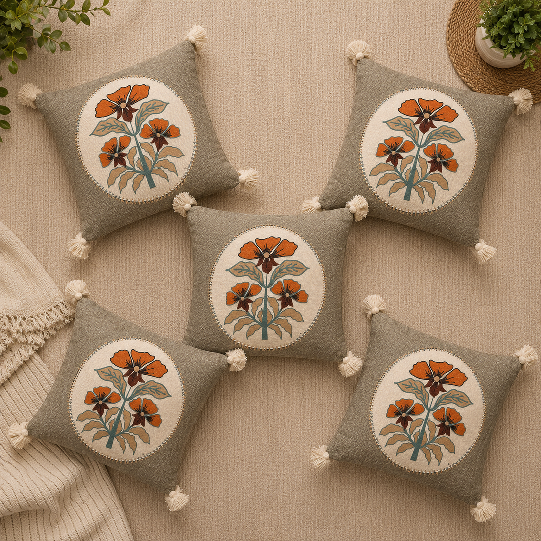 Luxury Jute Cotton Floral Printed Cushion Covers with Handcrafted Corner Tassels - Set of 5