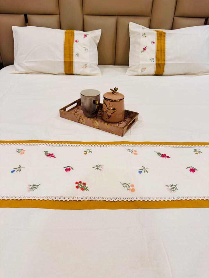 Noor lace 100% Pure Cotton King Size embroidered Bedsheet, 300 TC, White