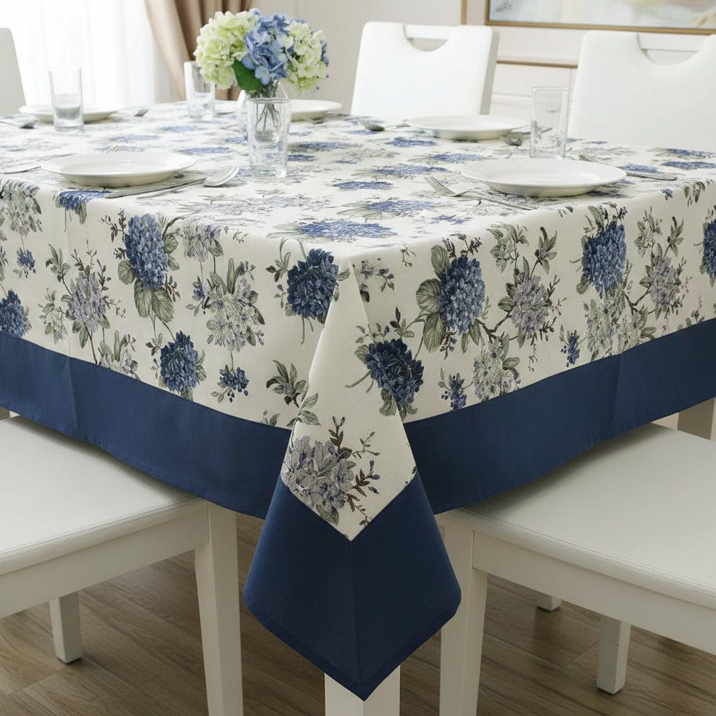 Premium Floral Cotton Table Cover with Navy Blue Border, 6-8 Seater (60x90 Inches)