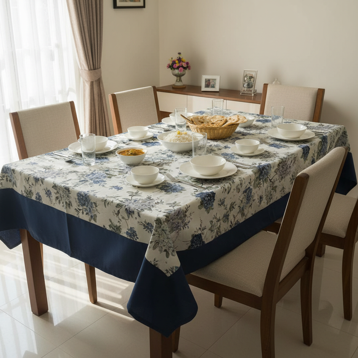 Premium Floral Cotton Table Cover with Navy Blue Border, 6-8 Seater (60x90 Inches)