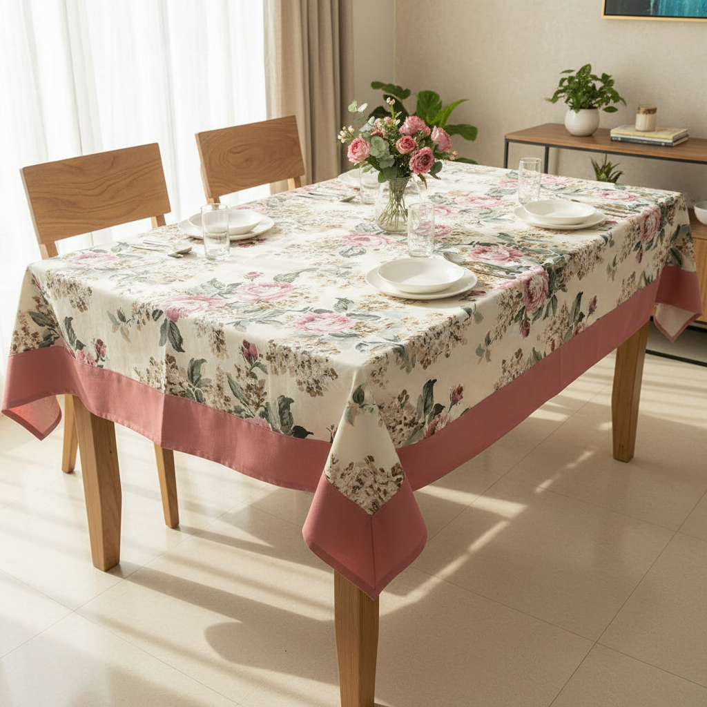 Premium Floral Cotton Table Cover with Pink Border, 6-8 Seater (60x90 Inches)