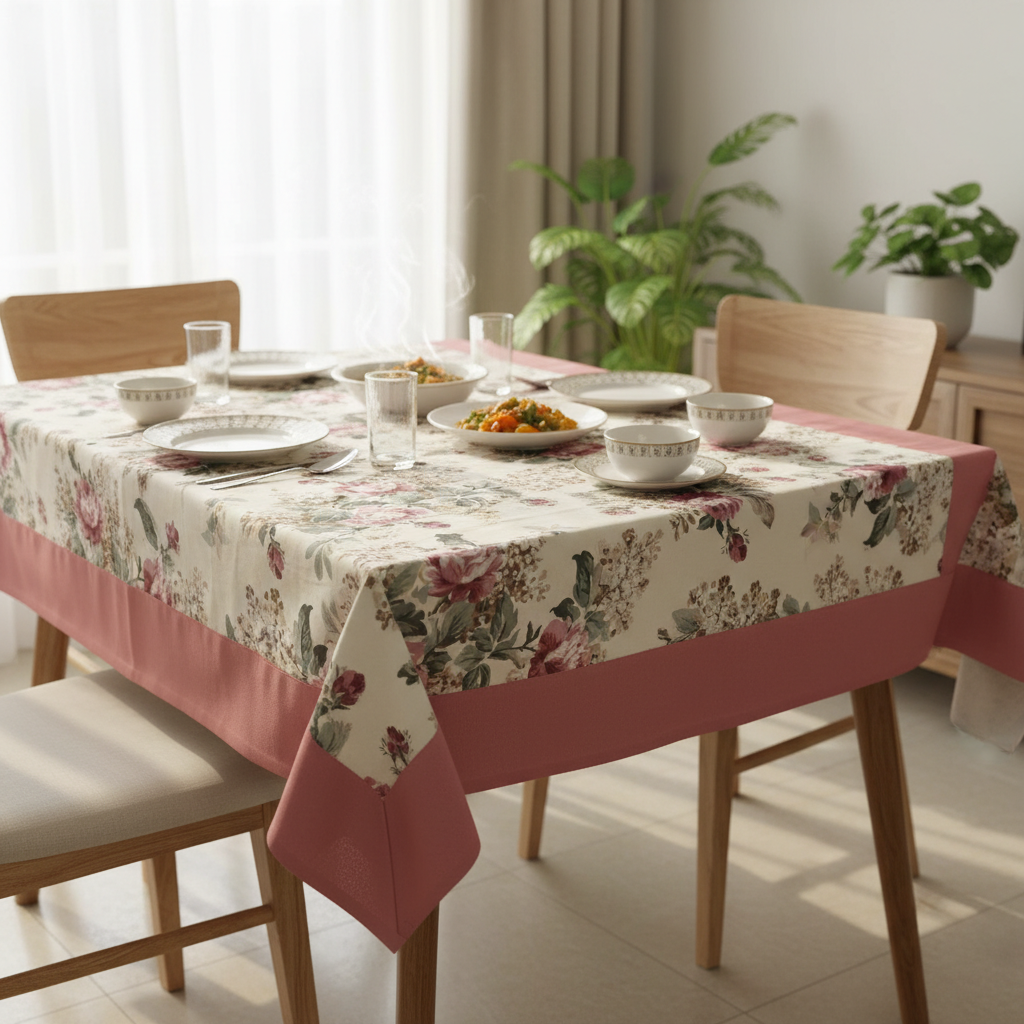 Premium Floral Cotton Table Cover with Pink Border, 6-8 Seater (60x90 Inches)