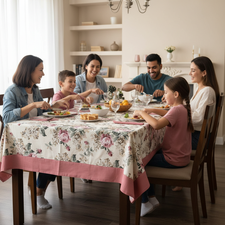 Premium Floral Cotton Table Cover with Pink Border, 6-8 Seater (60x90 Inches)