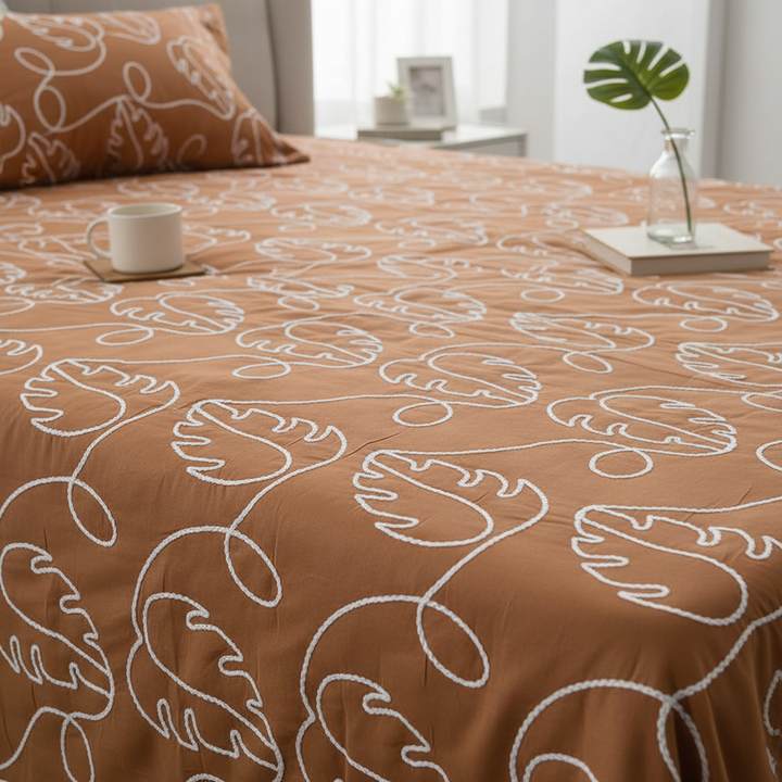 Terra Leaf Pure Cotton King Size Bedcover, Rust Brown