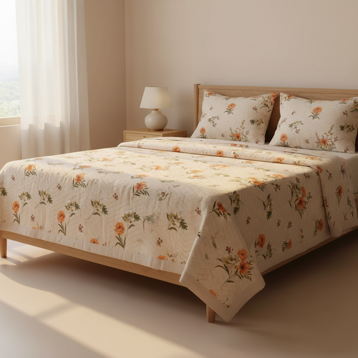 Premium 100% Cotton Phoolbahar Reversible Quilted King Size Bedsheet- 90 x 100 Inches