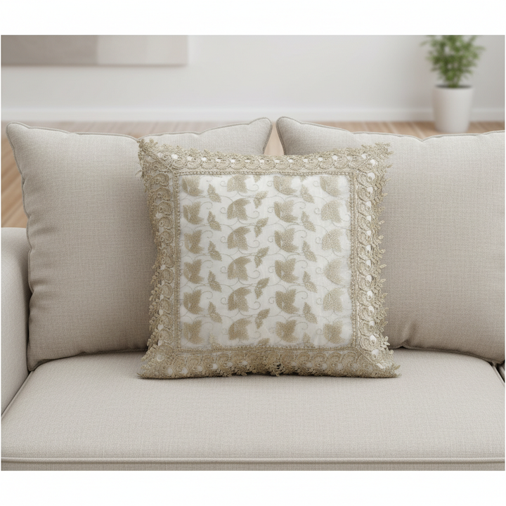 Leafy Love Linen Cotton Lace Decorative Cushions Cover Golden Set of 5