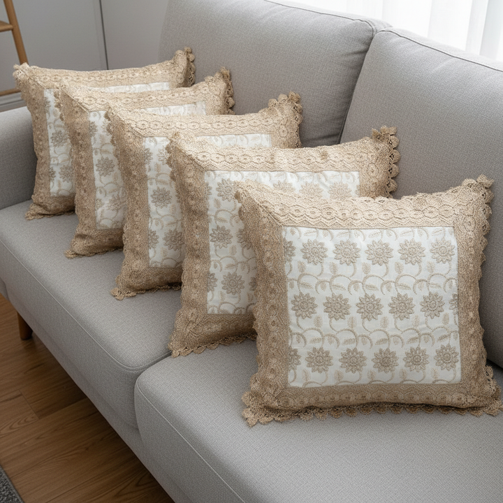 Star Love Linen Cotton Lace Decorative Cushions Cover Gold Set of 5
