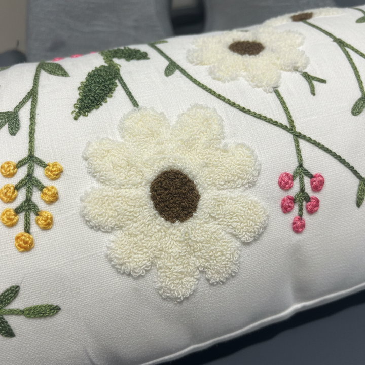 Elegant Long Decorative White Bolster Pillow | Floral Embroidery