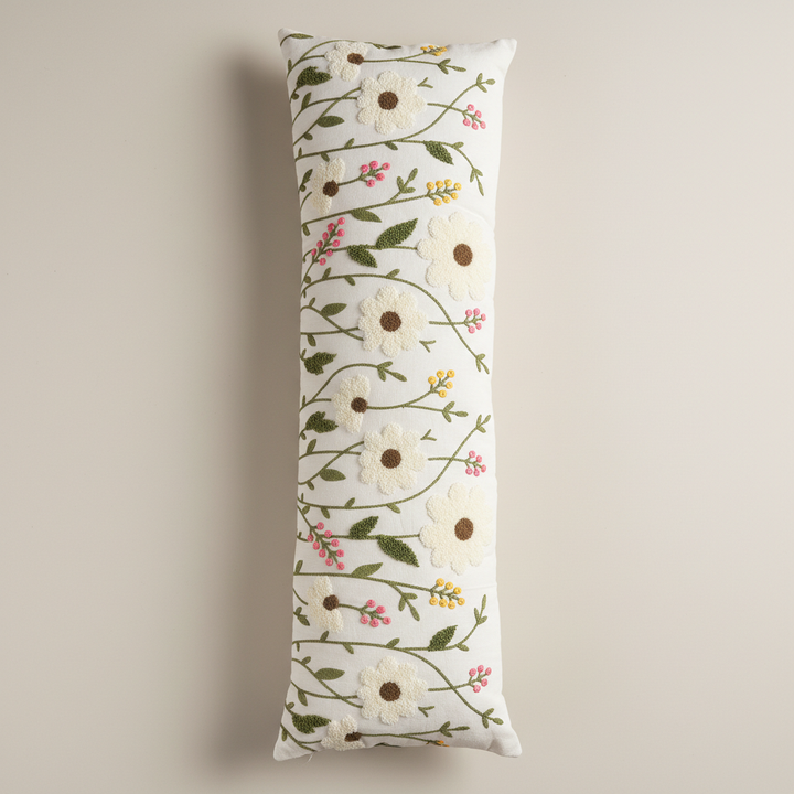Elegant Long Decorative White Bolster Pillow | Floral Embroidery