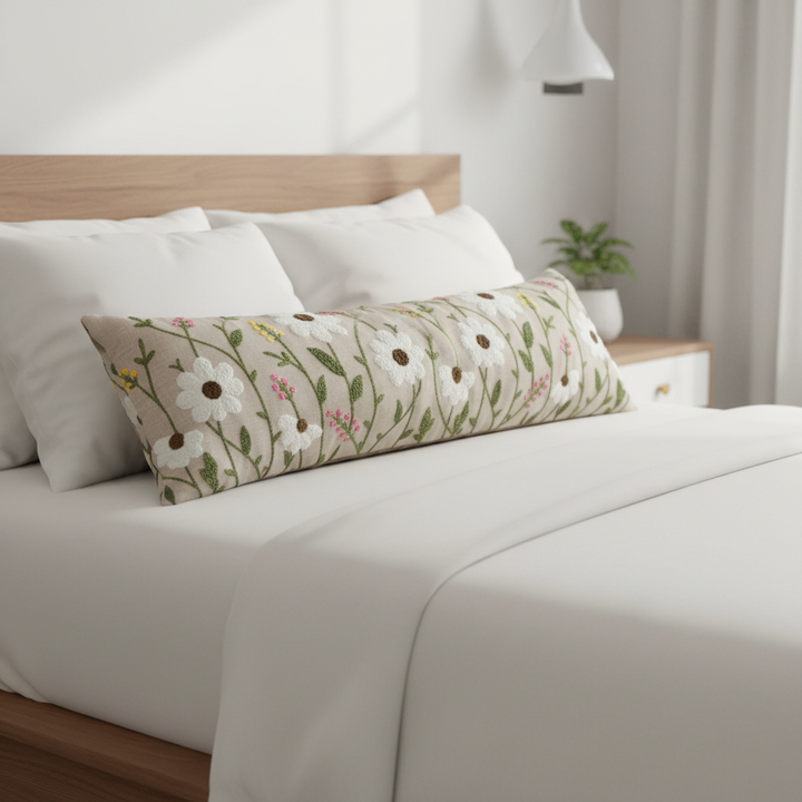 Elegant Long Decorative Beige Bolster Pillow | Floral Embroidery