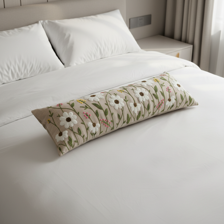 Elegant Long Decorative Beige Bolster Pillow | Floral Embroidery