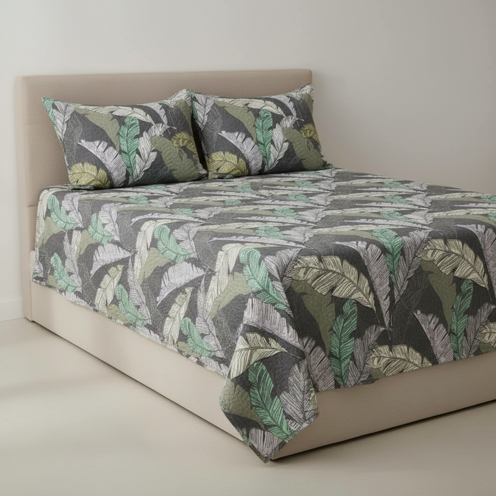 Premium 100% Cotton Leafy Bloom Reversible Quilted King Size Bedsheet- 90 x 100 Inches