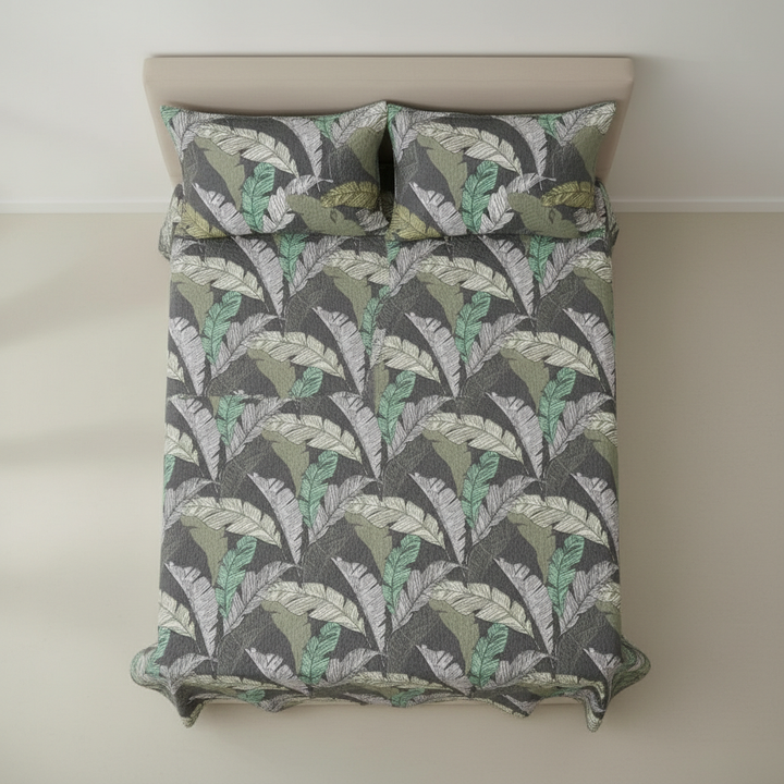 Premium 100% Cotton Leafy Bloom Reversible Quilted King Size Bedsheet- 90 x 100 Inches