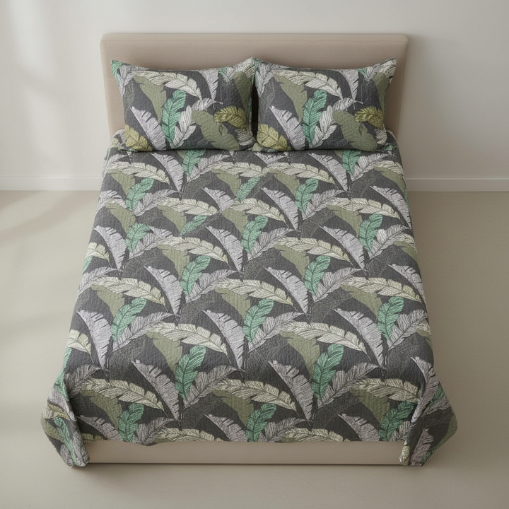 Premium 100% Cotton Leafy Bloom Reversible Quilted King Size Bedsheet- 90 x 100 Inches
