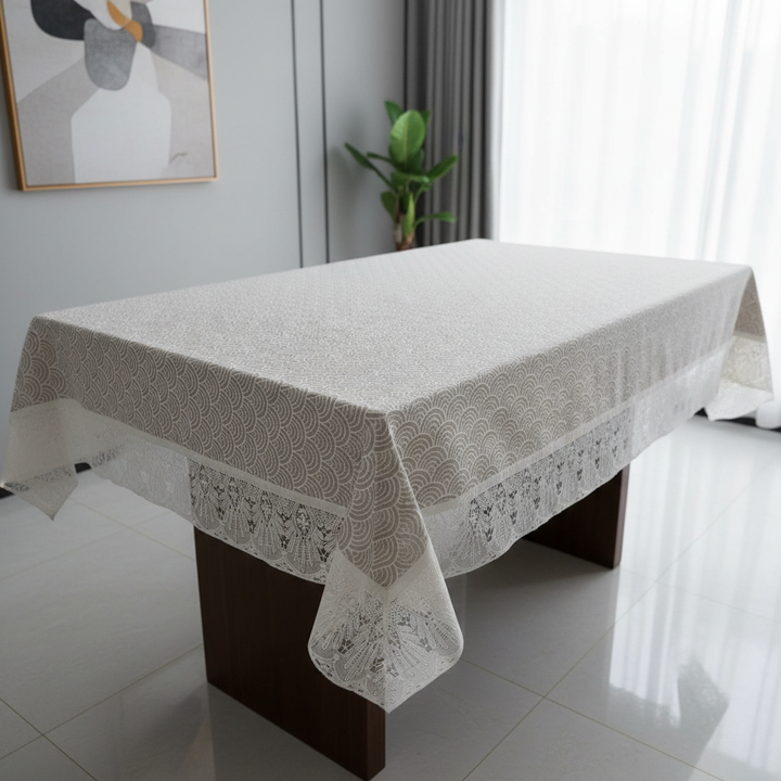 Premium Ivory Scallop PVC Table Cover with White Border,  6-8 Seater (60x90 Inches)