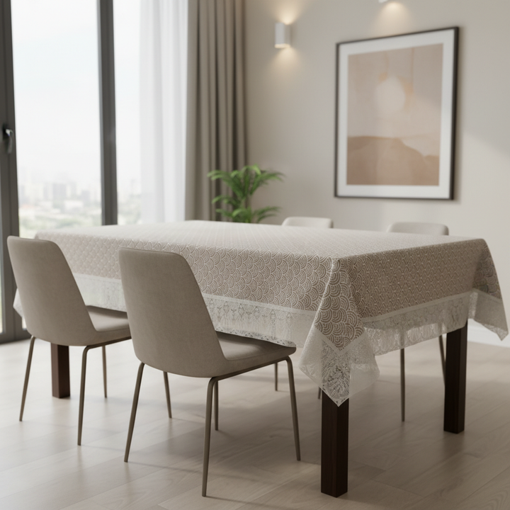 Premium Ivory Scallop PVC Table Cover with White Border,  6-8 Seater (60x90 Inches)