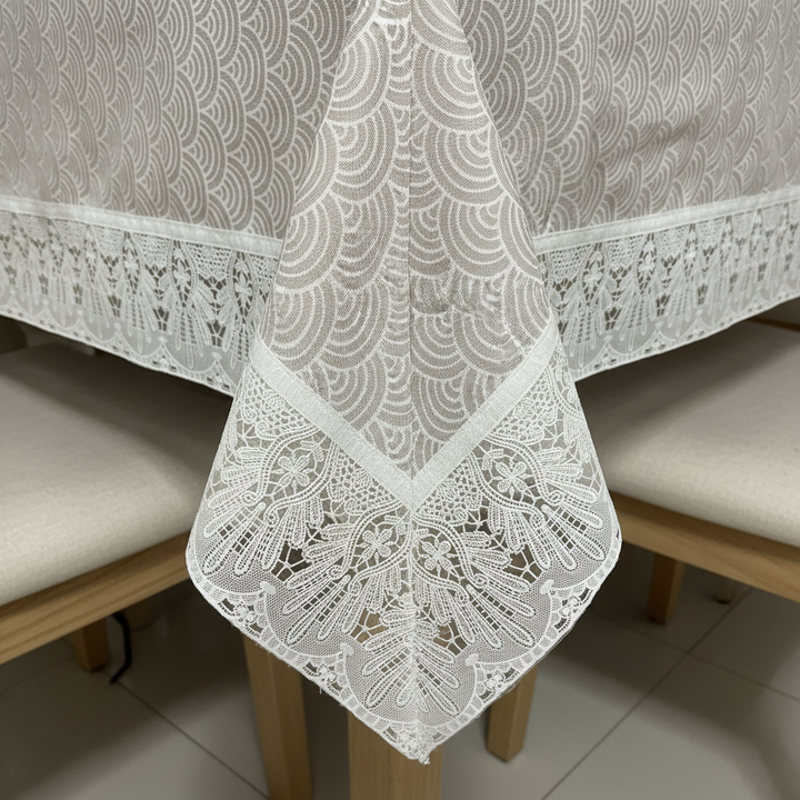 Premium Ivory Scallop PVC Table Cover with White Border,  6-8 Seater (60x90 Inches)