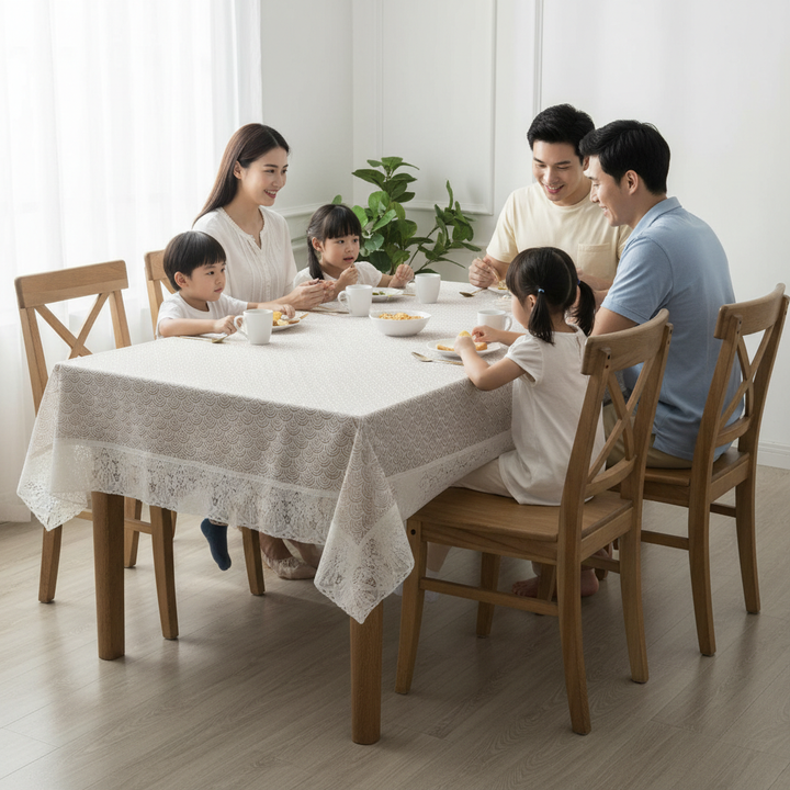 Premium Ivory Scallop PVC Table Cover with White Border,  6-8 Seater (60x90 Inches)