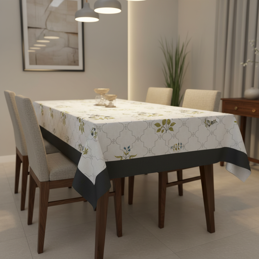 Premium Leaf Sprays Cotton Table Cover with Blue Border, 6-8 Seater (60x90 Inches)