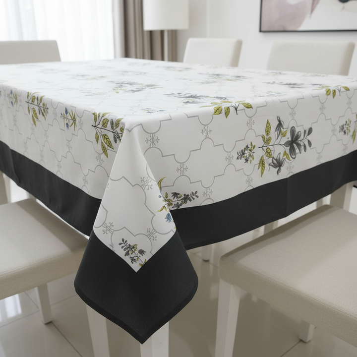 Premium Leaf Sprays Cotton Table Cover with Blue Border, 6-8 Seater (60x90 Inches)