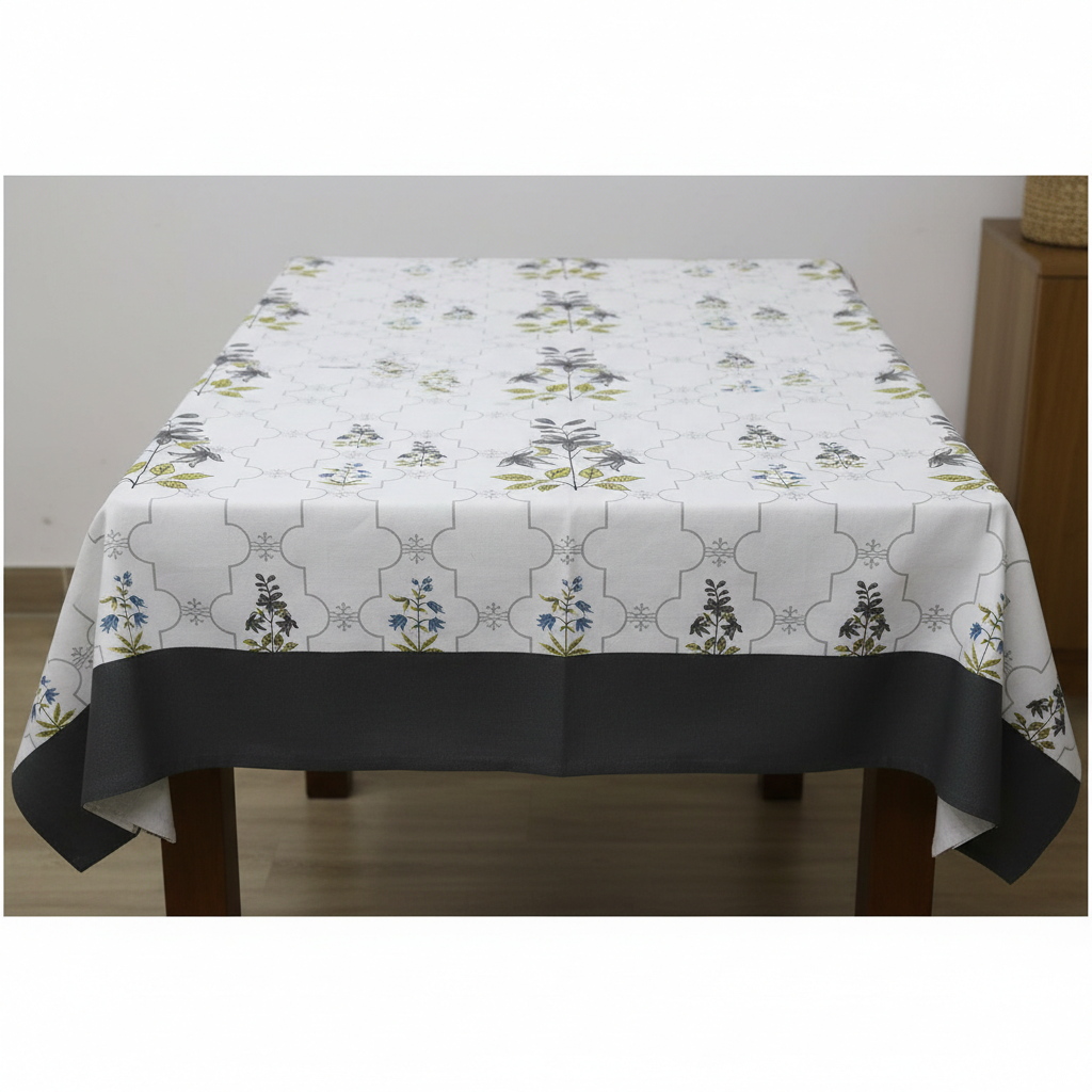 Premium Leaf Sprays Cotton Table Cover with Blue Border, 6-8 Seater (60x90 Inches)