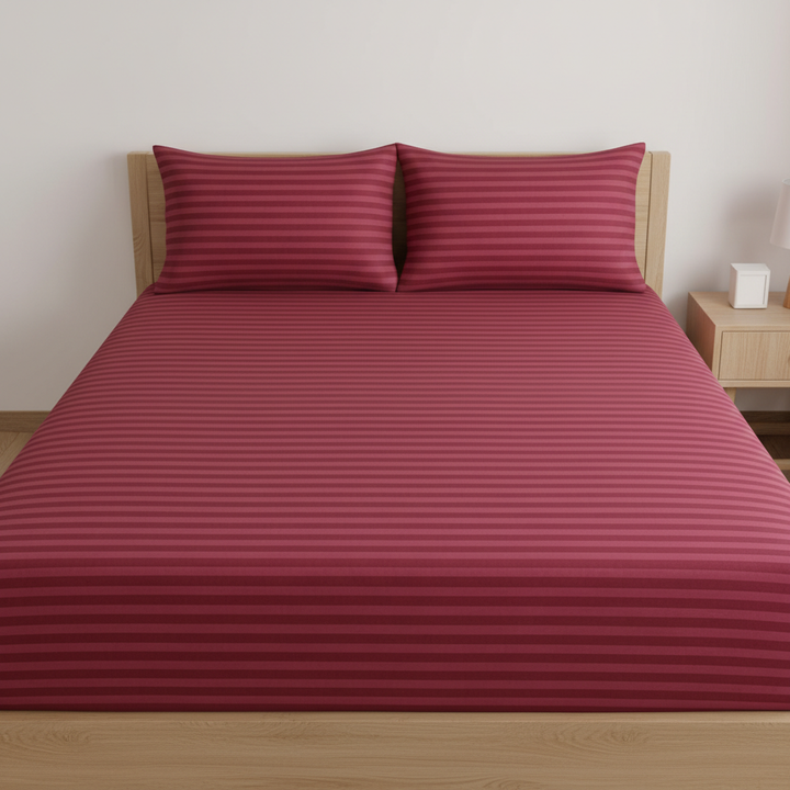 Self-Stripe Jacquard Pure Cotton King Size Bedsheet –  250 TC Dark Wine