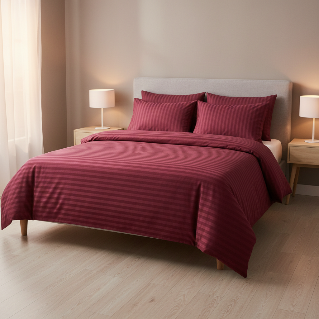 Self-Stripe Jacquard Pure Cotton King Size Bedsheet –  250 TC Dark Wine