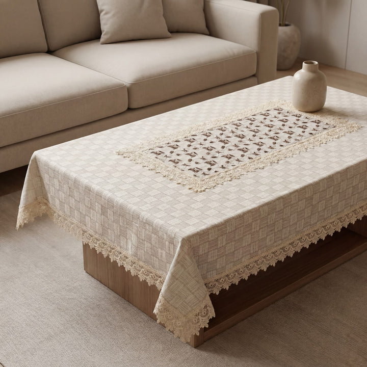 Noor-e-Lace Premium Centre Table Cover with Tissue Embroidery & Lace Border – 40x60 Inch - Beige