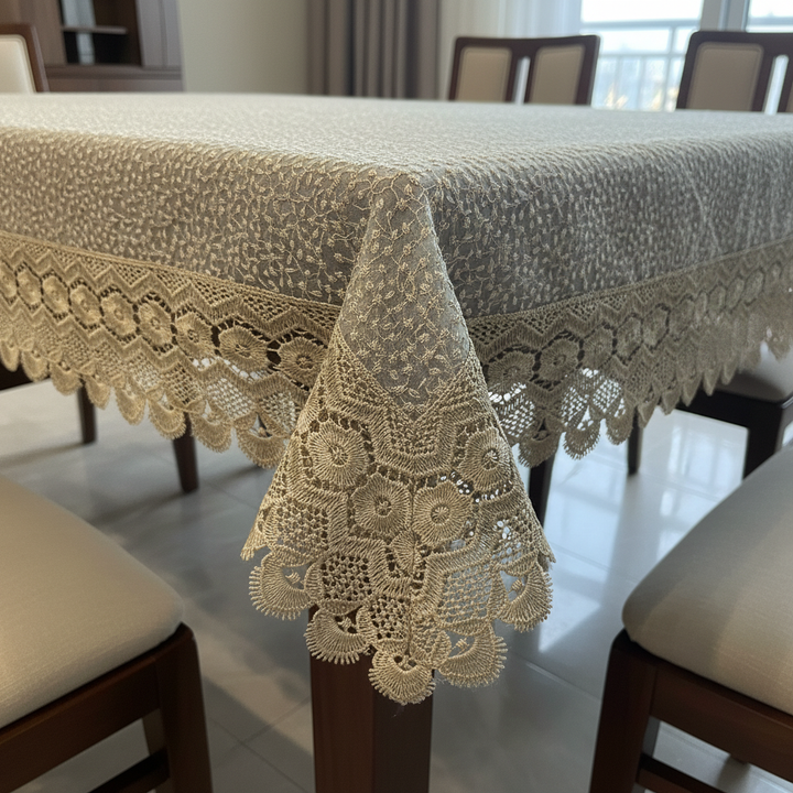 Luxury Floral Bindi Net Embroidery Tissue 4 Seater Table Cloth | 40 x 60 INCH | Golden