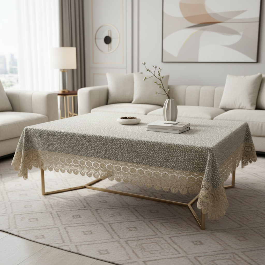 Luxury Floral Bindi Net Embroidery Tissue 4 Seater Table Cloth | 40 x 60 INCH | Golden