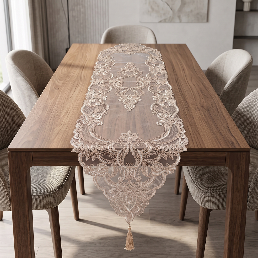 Premium Baroque Embroidery Net Dinning Table Runner, 15 × 72 inch - Beige with Subtle Golden Shimmer