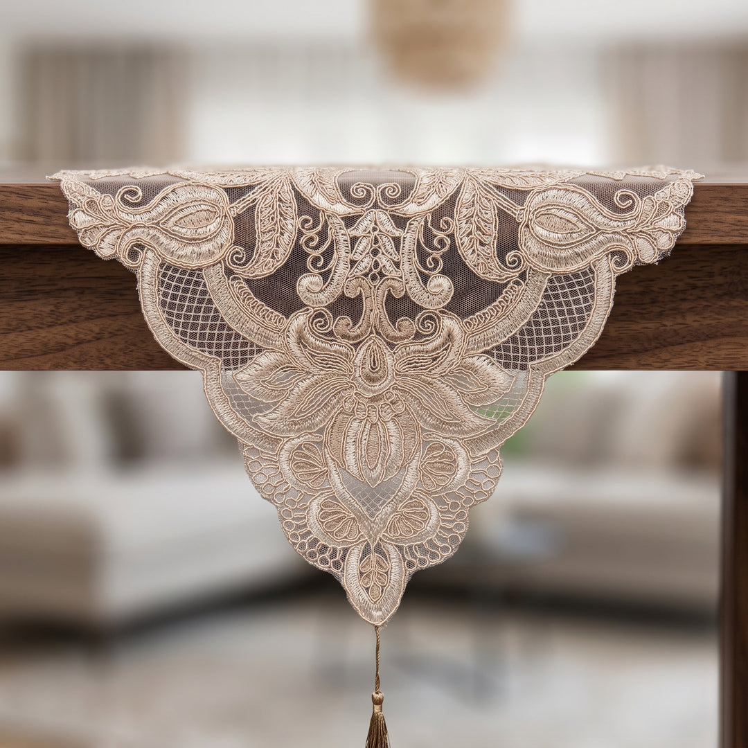 Premium Baroque Embroidery Net Dinning Table Runner, 15 × 72 inch - Beige with Subtle Golden Shimmer