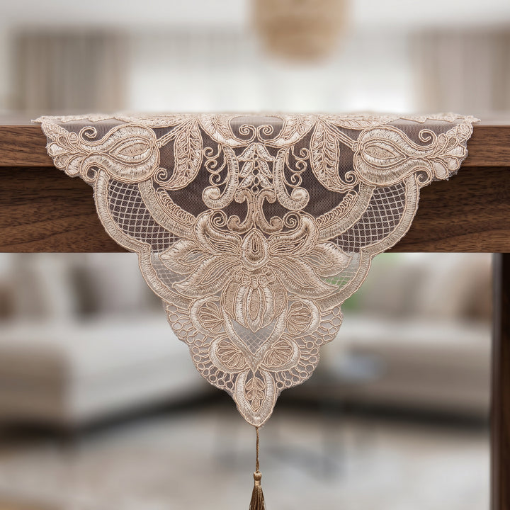 Premium Baroque Embroidery Net Dinning Table Runner, 15 × 72 inch - Beige with Subtle Golden Shimmer