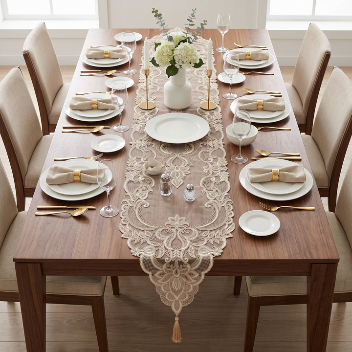 Premium Baroque Embroidery Net Dinning Table Runner, 15 × 72 inch - Beige with Subtle Golden Shimmer