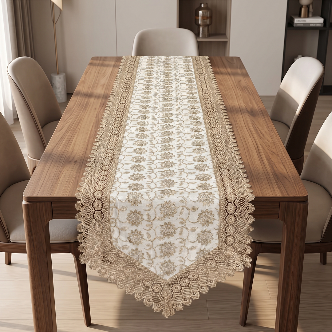 Floral Embroidery Premium Linen Cotton Dinning Table Runner, 16 × 72 inch - Beige with Golden Embroidery