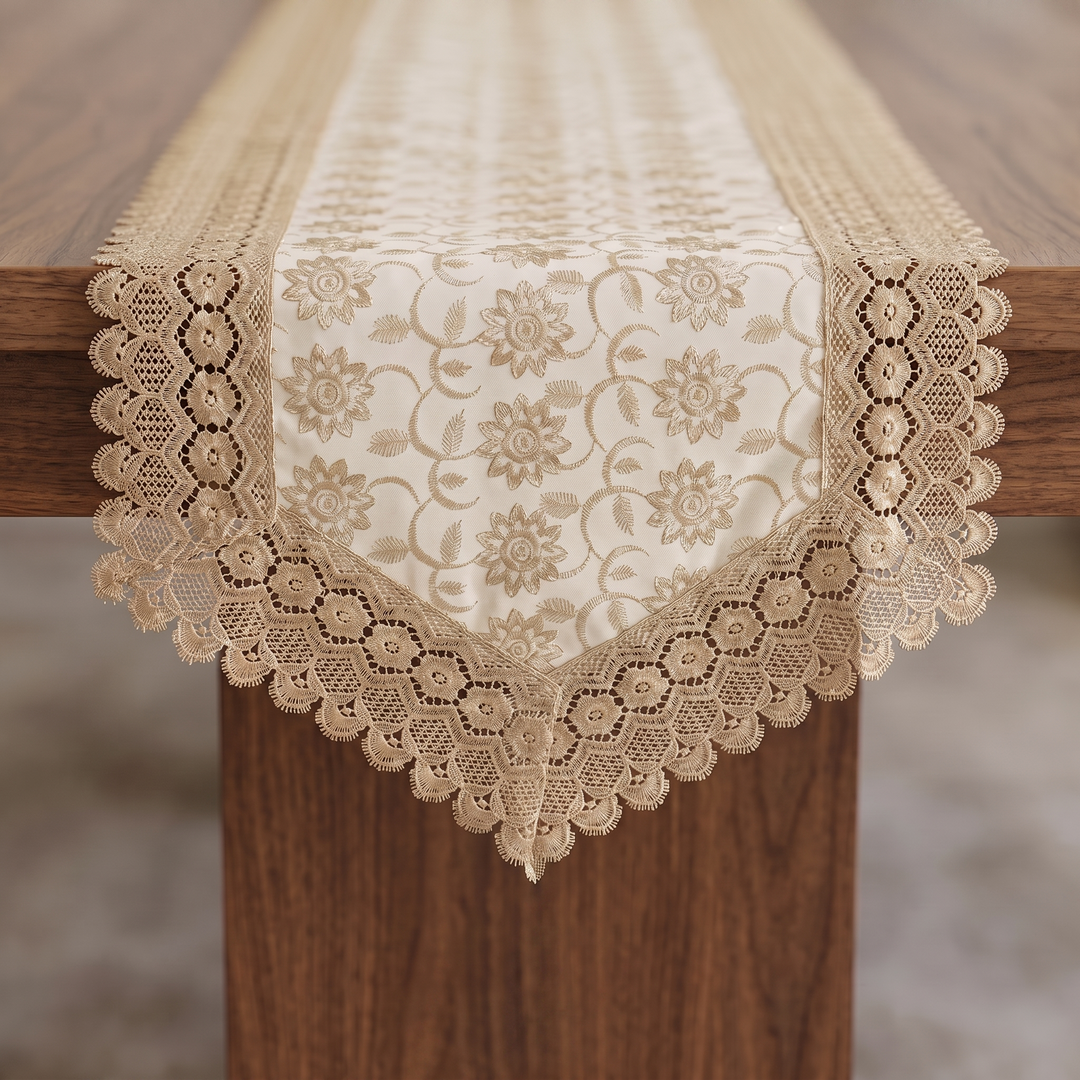 Floral Embroidery Premium Linen Cotton Dinning Table Runner, 16 × 72 inch - Beige with Golden Embroidery