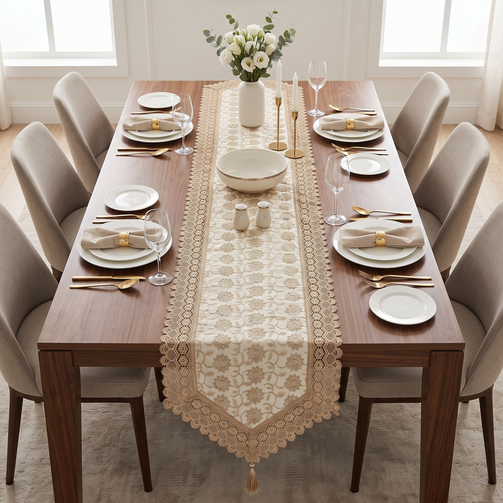 Floral Embroidery Premium Linen Cotton Dinning Table Runner, 16 × 72 inch - Beige with Golden Embroidery